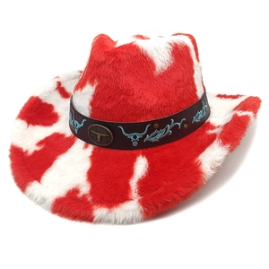 Détail d'un chapeau de cow-boy rouge à motif vache avec badge de taureau turquoise rétro