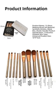 Detailed 12pcs makeup brush set with metal storage box and dimensional measurements
