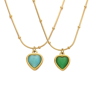 Minimalist gold heart pendant necklace with blue and green faux opal stones for women