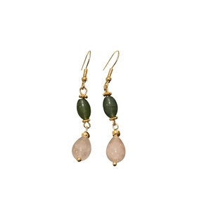 Elegant Chinese style drop earrings with pink water-drop and green bead pendants