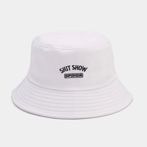 Detail of high-density canvas bucket hat with black SHIT SHOW SUPERVISOR embroidery