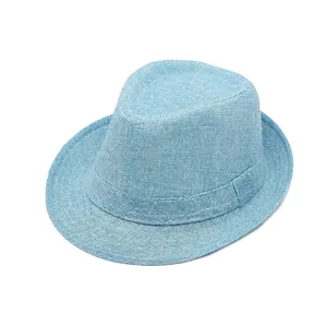 Light blue woven jazz fedora hat with fine texture for summer sun protection on beach