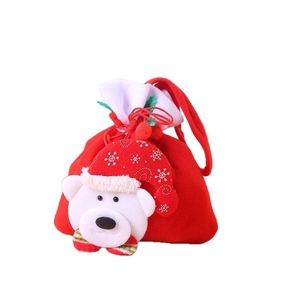 Christmas drawstring gift bag featuring a 3D plush bear on soft red and white velvet fabric