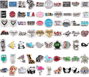 Macro display of diverse floating charms for DIY bracelets with enamel and rhinestone details