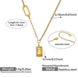 Detailed view of gold bar pendant necklace showing length measurements and 18k plating