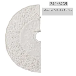 24 inch white hollow vertical knit Christmas tree skirt with decorative tie closure