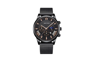 Close-up of black mesh watch strap and chronograph dial with rose gold markers