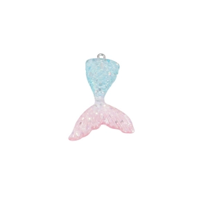 Detailed view of blue and pink gradient resin mermaid tail pendant with glitter and loop