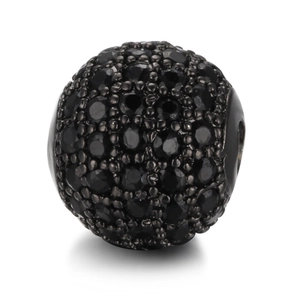 Detail view of a 6mm black zircon pave-set ball bead for DIY jewelry making
