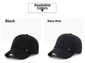 Detail of classic black and navy baseball caps with a small metal shield emblem on the side