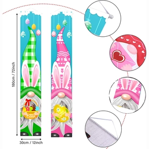 Detailed view of 72x12 inch Easter porch banners with gnome and colorful egg prints