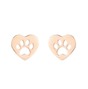 Detail of rose gold heart earrings with cute paw print cutout and polished finish