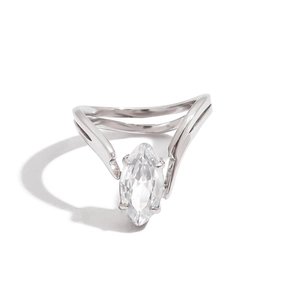 Detail view of marquise-cut zircon ring with hollow double-rail silver band design