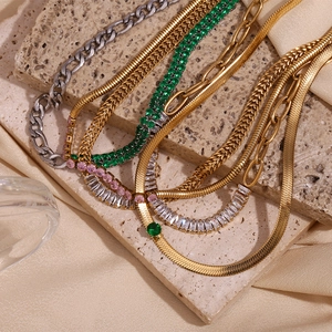 18K gold plated stainless steel chain necklace set with colorful zircon stones