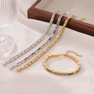 Elegant geometric square bracelet set with multicolor cubic zirconia in gold and silver