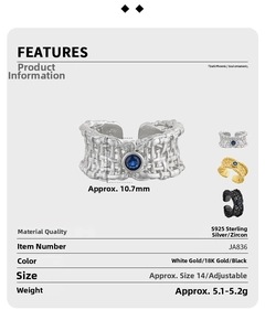 Detail specifications of S925 sterling silver mesh ring with blue cubic zirconia stone