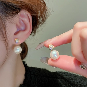 Vintage double-sided pearl earrings with zircon pave and gold plating for women