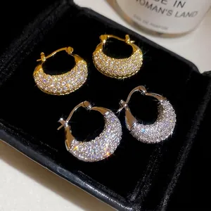 Shiny Zircon Round Hoop Huggie Earrings Micro Paved Copper Elegant Jewelry For Women Daily Wear Minimalist Design