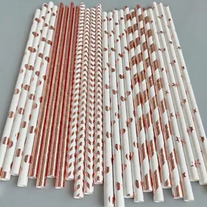 Disposable Paper Straws Rose Gold Metallic Foil Patterns For Party Birthday Wedding Beverage Decorative Drinkware