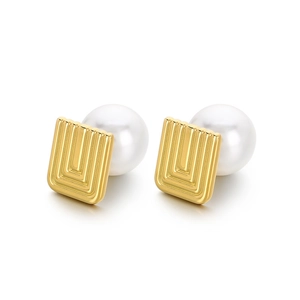 French vintage gold rectangle studs with round white pearls on a clean white background