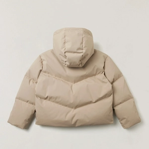Detail view of khaki waterproof hooded down puffer jacket featuring wide-cut back design