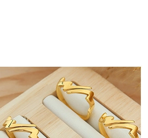 Macro shot of three lightning-shaped gold plated titanium steel rings in a wooden jewelry box
