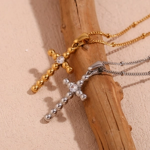 Fashion Stainless Steel 18K Gold Plated Zirconia Bead Cross Pendant Necklace For Women Retro Geometric Commuter Jewelry