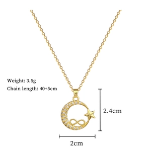 Technical size specs of gold moon and star pendant necklace with 40+5cm chain length
