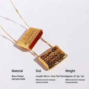 Gold-plated brass long necklace with woven geometric pendants and 92cm adjustable chain