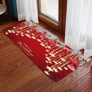 Détail d'un paillasson de Noël sur parquet avec étoiles festives et vœux de fêtes