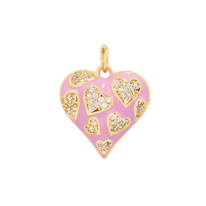 Detail of a 18K gold plated pink enamel heart pendant with shimmering zircon accents