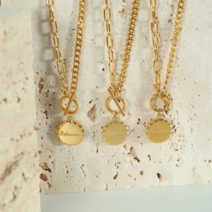 Minimalist Stainless Steel OT Buckle Necklace Beloved Inscribed Round Coin Pendant Mixed Chain For Women Unisex Fashion Jewelry