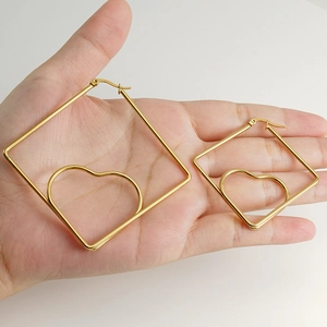 18K gold plated stainless steel geometric square earrings with hollow heart design