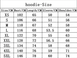 Tableau des tailles détaillé pour sweat à capuche femme avec mesures de la taille XS à 5XL