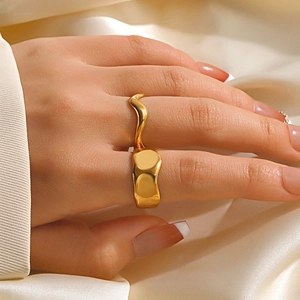 Irregular Wave Molten Metal Rings Stainless Steel Open Adjustable Geometric Fashion Jewelry For Women