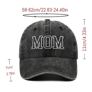 Washed black cotton baseball cap with MOM embroidery and detailed size measurements