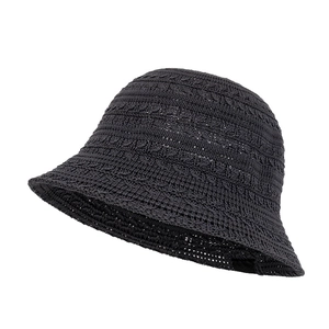 Breathable black knit bucket hat for women with minimalist openwork crochet pattern