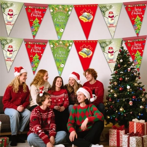 Detail of Christmas triangle pennants with Merry Christmas text and festive party patterns