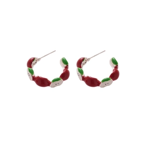 Silver needle C-shaped apple earrings with red and green enamel and minimalist design