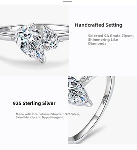 Macro detail of S925 sterling silver ring featuring pear-shaped 5A zircon stones