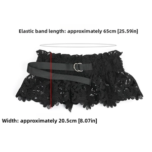 Detailed view of black floral lace corset belt with dimensions 65cm length and 20.5cm width