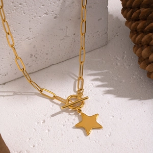 Classic gold stainless steel star pendant necklace with OT toggle clasp on white stone