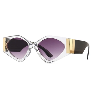 Modern oversized geometric sunglasses with purple gradient lenses and gold accents