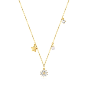 Gold S925 silver necklace featuring star, petal flower, zircon and white pearl charms