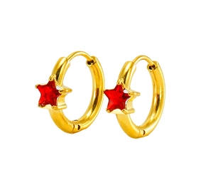 Detail of gold star hoop earrings featuring red zircon star pendants on white background