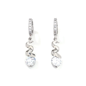 Elegant silver spiral drop earrings with sparkling zircon crystals on white background