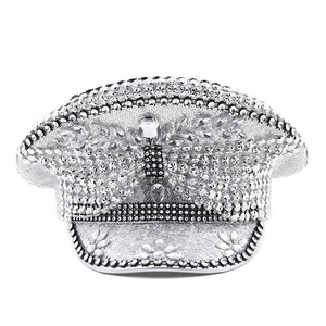 Silver sequined captain hat with rhinestones and gems for bridal parties and stage shows