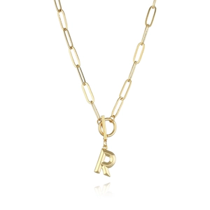 Detail of gold paperclip chain necklace with OT buckle and 3D R-letter pendant