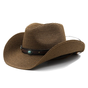Mens foldable brown straw cowboy hat with turquoise stone and vintage leather band