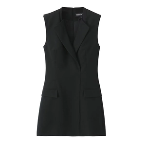 Abito Mini Blazer Senza Maniche Donna Poliestere Spandex Scollo A V Spalline Imbottite Cerniera Tasca Elegante Nero